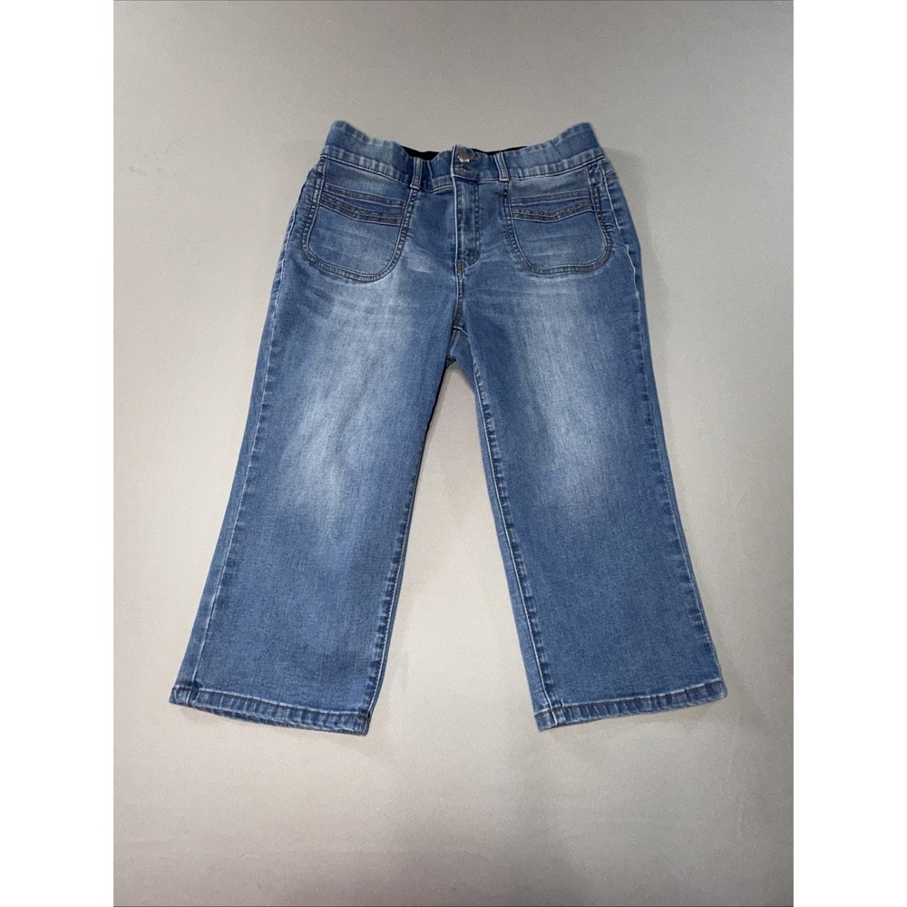 Indigo Poppy Capri Jeans Woman's Size 12 Tummy Control Waistband Medium Wash